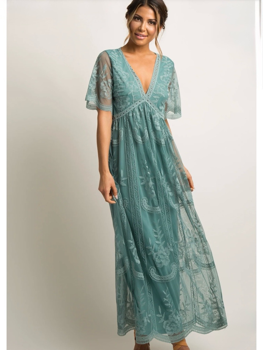 PinkBlush Boho lace overlay maxi dress Sage flowy babydoll
